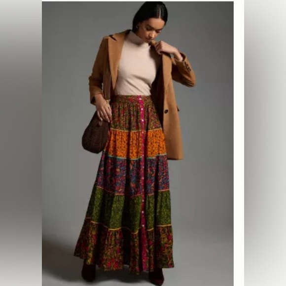 NWOT Farm x Anthropologie Tiered multi patchwork Floral Maxi Skirt f - Picture 1 of 8